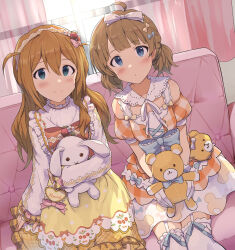 2girls absurdres ahoge baba_konomi blue_eyes blush bow brown_hair character_name closed_mouth commission couch curtains dress food-themed_hair_ornament frilled_dress frills garter_straps gloves hair_between_eyes hair_bow hair_ornament hairband heart highres holding holding_stuffed_toy idolmaster idolmaster_million_live! idolmaster_million_live!_theater_days indoors long_hair long_sleeves looking_at_viewer multiple_girls official_alternate_hairstyle on_couch parted_lips pixiv_commission puffy_short_sleeves puffy_sleeves short_hair short_sleeves short_twintails shuucream_(syuichi) sitting sleeves_past_wrists smile strawberry_hair_ornament stuffed_animal stuffed_rabbit stuffed_toy suou_momoko teddy_bear thighhighs twintails white_gloves white_thighhighs window