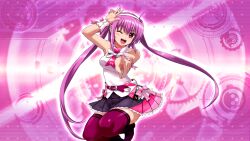 Rule 34 | 1girl, bare shoulders, beatmania iidx, beatmania iidx 22 pendual, bemani, breasts, goli matsumoto, hair between eyes, long hair, medium breasts, mizushiro celica, non-web source, official art, one eye closed, pink eyes, pink hair, pointing, pointing at viewer, purple thighhighs, skirt, smile, solo, teeth, thighhighs, twintails, upper teeth only
