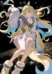 1girl 9nyo absurdres animal_ears aqua_hair blonde_hair blue_eyes boots commentary ear_ornament hair_between_eyes highres horse_ears horse_girl horse_tail jacket long_hair long_sleeves multiple_girls neo_universe_(umamusume) parted_lips shorts sleeves_past_fingers sleeves_past_wrists solo space tail triangle_mouth twitter_username umamusume very_long_hair white_boots white_jacket