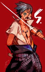 1boy amputee black_eyes black_hair chokutou highres holding holding_sword holding_weapon jewelry male_focus naruto_(series) naruto_shippuuden necklace ninja red_background scroll solo spiked_hair sword uchiha_sasuke weapon zifletts