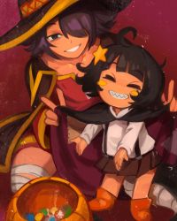 Rule 34 | 2girls, absurdres, ahoge, bandaged leg, bandages, black hair, blush stickers, candy, cape, commentary, cosplay, dress, english commentary, closed eyes, food, hair ornament, hair over one eye, halloween, halloween bucket, halloween costume, hat, highres, khyle., komekko, komekko (cosplay), kono subarashii sekai ni shukufuku wo!, looking at viewer, megumin, megumin (cosplay), multiple girls, original, patchwork clothes, red dress, sharp teeth, short hair, simple background, skirt, smile, star (symbol), star hair ornament, suspender skirt, suspenders, teeth, witch hat