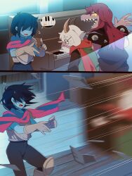 1boy 1girl 1other absurdres animal_ears armlet blue_hair blue_skin brown_horns cape colored_sclera colored_skin commentary deltarune glasses goat_boy goat_ears goat_horns highres horns instrument jewelry kris_(dark_world)_(deltarune) kris_(deltarune) motion_blur motion_lines open_mouth partially_shaded_face piano pink_cape purple_hair purple_skin ralsei red_scarf reptile_girl scarf sharp_teeth short_hair side_cape spiked_armlet susie_(dark_world)_(deltarune) susie_(deltarune) teeth uri_(365mimimi) yellow_sclera