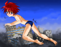 00s 1boy 2007 bare_legs barefoot blue_male_swimwear blue_swim_briefs blush building_sex destruction erio_mondial giant lyrical_nanoha mahou_shoujo_lyrical_nanoha mahou_shoujo_lyrical_nanoha_strikers male_focus male_swimwear masturbation outdoors red_eyes red_hair shota sky solo swim_briefs swimsuit torajimaneko translation_request