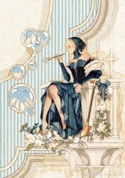 1girl black_dress black_headscarf blonde_hair blowing_bubbles bubble bubble_pipe chilchuck_tims commentary_request cross-laced_clothes cross-laced_dress dress dungeon_meshi elf falin_touden falin_touden_(chimera) fine_art_parody flower headscarf highres izutsumi lace_trim laios_touden leaf long_hair marcille_donato marcille_donato_(lord) parody phoebus_ring pointy_ears senshi_(dungeon_meshi) shovel silhouette sitting solo statue very_long_hair watermark weibo_watermark white_flower wimple