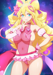 1girl alternate_breast_size aqua_eyes aqua_nails blonde_hair breasts cleavage closed_mouth commentary_request covered_erect_nipples covered_navel cure_idol fingernails heart_pasties highres joy_ride kimi_to_idol_precure large_breasts long_hair looking_at_viewer magical_girl nail_polish pasties precure sakura_uta_(precure) smile solo standing thighs