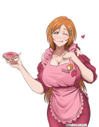 1girl absurdres apron bleach blush bread breasts brown_eyes brown_hair cleavage donut dress food fruit hair_ornament heart highres huge_breasts inoue_orihime large_breasts lips loaf_of_bread long_hair one_eye_closed pink_apron rakusakugk red_dress signature solo strawberry tongue tongue_out