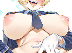 Rule 34 | 1girl, alternate costume, black jacket, blonde hair, blue archive, blue necktie, female pubic hair, highres, jacket, kanna (blue archive), navel, necktie, open mouth, pubic hair, saliva, sharp teeth, short hair, solo, spread pussy, spreading own pussy, teeth, thore (nathalukpol), tongue, tongue out, upper teeth only