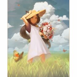 1girl absurdres animal_ears bell black_collar black_hair black_sleeves blue_sky blurry blurry_background blurry_foreground border borrowed_character bouquet bug butterfly cat_ears cat_girl closed_mouth cloud cloudy_sky collar commentary dress english_commentary feet_out_of_frame flower grass grey_eyes hand_on_headwear hat highres holding holding_bouquet insect long_hair looking_at_viewer milshoo nature neck_bell numanoan original short_sleeves sky smile solo standing straw_hat very_long_hair white_border white_dress
