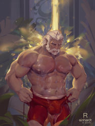 1boy abs bara bare_pectorals beard bodysuit bulge facial_hair large_pectorals luerstine male_focus mature_male muscular muscular_male navel nipples old old_man open_bodysuit open_clothes overwatch overwatch_1 paid_reward_available pectorals reinhardt_(overwatch) scar scar_across_eye scar_on_face short_hair solo stomach topless_male water waterfall wet wet_clothes white_hair
