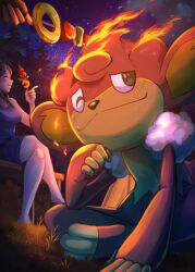 1girl 1other bench breasts closed_mouth fire food fruit gen_5_pokemon grass highres holding holding_skewer microbihon night night_sky nintendo one_eye_closed outdoors pineapple pineapple_slice pokemon pokemon_(creature) pokemon_focus shorts simisear sitting skewer sky smile star_(sky) tree