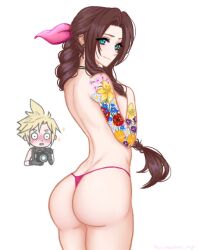 1boy 1girl aerith_gainsborough aqua_eyes arm_tattoo armor ass black_choker blonde_hair blush braid braided_ponytail breasts brown_hair camera choker cloud_strife cowboy_shot final_fantasy final_fantasy_vii final_fantasy_vii_rebirth final_fantasy_vii_remake gloves hair_over_shoulder hair_ribbon hand_on_own_chest highres holding holding_camera hu_manbee_ing light_smile long_hair medium_breasts panties parted_bangs parted_lips pauldrons pink_panties pink_ribbon ribbon short_hair shoulder_armor shy sidelocks single_braid single_pauldron sleeveless sleeveless_turtleneck sparkle spiked_hair tattoo topless_female turtleneck underwear upper_body white_background wide-eyed