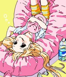 1girl bike_shorts blonde_hair brown_eyes cushion futaba_anzu idolmaster idolmaster_cinderella_girls low_twintails lying oda_ya_ka on_back shirt solo striped_bike_shorts striped_clothes stuffed_animal stuffed_rabbit stuffed_toy t-shirt twintails