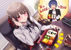1boy 1girl amamfoy bento black_hair blue_hair blush book book_stack breasts chair closed_eyes date_a_live desk dutch_angle food itsuka_shido long_hair long_sleeves majutsu_tantei_tokisaki_kurumi_no_jikenbo medium_breasts neck_ribbon notice_lines office_chair open_mouth red_eyes ribbon rice shirt smile sparkle sparkling_aura spoken_character swivel_chair tokisaki_kurumi white_shirt
