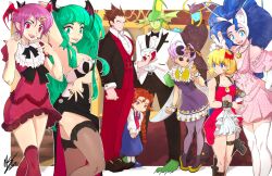 3boys 6+girls animal_ears anita_(darkstalkers) rikuo_(darkstalkers) blonde_hair blue_eyes braid breasts brown_hair b.b._hood cat_ears cat_tail demitri_maximoff dress felicia_(darkstalkers) flat_chest formal_clothes getinthegustaff green_hair highres jedah_dohma large_breasts lilith_(darkstalkers) long_hair medium_breasts morrigan_aensland multiple_boys multiple_girls pink_hair q-bee red_eyes short_dress short_hair suit tail v darkstalkers very_long_hair