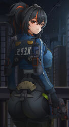 1girl absurdres ass black_hair blue_jacket cityscape cowboy_shot gun hair_between_eyes hairband high-waist_pants highres holding holding_gun holding_weapon jacket looking_at_viewer looking_back metal_hairband multicolored_hair night orange_eyes outdoors pants police police_uniform policewoman ponytail red_streaks sdwg7387 smile streaked_hair tight_clothes tight_pants weapon zenless_zone_zero zhu_yuan