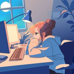 1girl chair commentary computer_keyboard computer_mouse desk desk_lamp from_side full_moon hair_bun hashtag-only_commentary hood hood_down hoodie indoors lamp monitor moon night office_chair original pixel_art profile red_hair sitting solo swivel_chair symbol-only_commentary white_hoodie window zzzz_jinnn