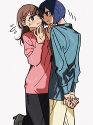 Rule 34 | 2girls, arms behind back, black skirt, blue eyes, blue hair, blue shirt, blush, braid, braided bangs, brown hair, closed mouth, commentary request, eye contact, film grain, grey eyes, hair ribbon, hanasato minori, hands up, highres, kani (kaniya), kiritani haruka, long hair, long sleeves, looking at another, multiple girls, pants, pink shirt, project sekai, ribbon, shade, shirt, short hair, simple background, skirt, standing, standing on one leg, sweatdrop, wavy mouth, white background, white pants, yuri