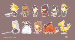 3girls 5boys aerith_gainsborough barret_wallace cait_sith_(final_fantasy) chibi chocobo cid_highwind cloud_strife dark-skinned_male dark_skin dress edison_yan everyone final_fantasy final_fantasy_vii moogle multiple_boys multiple_girls no_nose parody pink_dress red_xiii scribblenauts sephiroth style_parody tifa_lockhart vincent_valentine yuffie_kisaragi