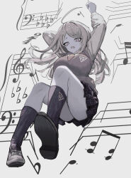 1girl ahoge akamatsu_kaede arms_up blonde_hair breasts collared_shirt commentary danganronpa_(series) danganronpa_v3:_killing_harmony falling fortissimo from_below full_body hair_between_eyes hair_ornament highres kneehighs large_breasts long_hair long_sleeves looking_down midair monochrome musical_note musical_note_background musical_note_hair_ornament musical_note_print muted_color necktie open_mouth perspective pleated_skirt ringed_eyes school_uniform sheet_music shirt skirt socks solo sukizukiko sweater_vest vest watermark white_shirt