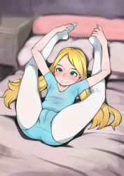 1girl ballerina bed bed_sheet blonde_hair blue_eyes blue_leotard body_freckles cameltoe closed_mouth covered_erect_nipples female_focus flat_chest freckles full_body hands_on_own_legs highres holding holding_feet j7w kneepits legs_over_head legs_up leotard loli long_hair looking_at_viewer lying navel on_back on_bed original pantyhose smile solo spread_legs thighs toes white_pantyhose