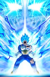Rule 34 | 1boy, armor, aura, blue bodysuit, blue eyes, blue hair, bodysuit, dragon ball, dragon ball super, full body, glowing, glowing eyes, highres, mkmochimochi, open mouth, powering up, saiyan armor, screaming, solo, spiked hair, super saiyan, super saiyan blue, teeth, torn bodysuit, torn clothes, vegeta, white armor
