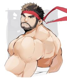Rule 34 | 1boy, artist name, bara, beard, biceps, black hair, closed mouth, commentary request, facial hair, headband, highres, looking at viewer, looking back, male focus, mikiya (mine miki0840), muscular, muscular male, nipples, notice lines, pectorals, red headband, ryu (street fighter), signature, street fighter, topless male