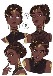 1girl arcane:_league_of_legends black_eyes bonesbunns brown_hair dark-skinned_female dark_skin dreadlocks earrings eyeshadow glitter_makeup hair_ornament hand_up heart highres jewelry league_of_legends looking_at_viewer makeup mel_medarda multiple_views purple_eyeshadow solo spoken_heart spoken_squiggle squiggle white_background