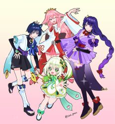 1boy 3girls adapted_costume animal_ears arm_up armlet armpits arms_at_sides black_bodysuit black_bridal_gauntlets black_leggings black_sandals black_shorts black_thighhighs blue_bow blue_eyes blue_gemstone blue_hair blue_kimono blue_sleeves blunt_ends blush bodysuit bow bowtie bracelet breasts bridal_gauntlets brown_sandals cat_boy cat_ears chinese_knot cleavage closed_mouth colored_tips cross-shaped_pupils crossed_bangs detached_sleeves dress ear_ornament eyelashes eyeliner eyeshadow flower foot_up footwear_bow fox_ears frilled_dress frilled_sleeves frills furisode gem genshin_impact gold gold_ring gold_trim gradient_background green_bow green_bowtie green_eyes green_hair green_sleeves hair_between_eyes hair_bow hair_flower hair_ornament hakama hakama_shorts hand_on_own_hip heart highres japanese_clothes jewelry juban kimono kimono_skirt large_bow layered_sleeves leg_warmers leggings long_hair looking_at_viewer low-braided_long_hair low-tied_long_hair magical_girl makeup mandarin_collar middle_ring multicolored_hair multiple_girls nahida_(genshin_impact) no6_gnsn obi okobo one_eye_closed open_clothes open_kimono open_mouth parody parted_lips pink_hair pink_skirt platform_sandals pleated_shorts pointy_ears purple_bow purple_eyes purple_flower purple_hair purple_kimono raiden_shogun reaching reaching_towards_viewer red_bow red_eyeliner red_eyeshadow sandals sash scaramouche_(genshin_impact) shoes short_sleeves shorts shoulder_peek side_ponytail sidelocks skirt smile sparkle style_parody swept_bangs symbol-shaped_pupils tareme tassel thighhighs toes tsurime twitter_username two-tone_bow vision_(genshin_impact) wanderer_(genshin_impact) white_bow white_dress white_kimono white_leg_warmers white_mouth white_shoes white_sleeves wide_sleeves wispy_bangs yae_miko zouri