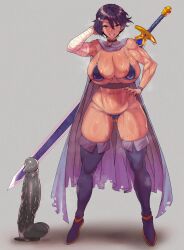 1girl abs absurdres armor bikini bikini_armor bilingual_commentary black_bikini black_choker black_hair boots breasts brown_eyes cape choker commentary dark-skinned_female dark_skin dildo english_commentary gluteal_fold highres huge_breasts huge_weapon looking_at_viewer mixed-language_commentary muscular muscular_female original paid_reward_available purple_boots sex_toy short_hair simple_background skindentation solo sweat swimsuit sword tan thick_thighs thigh_boots thighs uncensored wakura_(gcdan) weapon weapon_on_back white_background