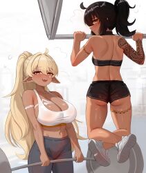 2girls ahoge ass bare_shoulders black_hair blonde_hair blush breasts brown_eyes damilola_(mockingeu) dark_skin exercising fang from_behind large_breasts leggings long_hair looking_at_viewer looking_back maria_(mockingeu) mockingeu multiple_girls open_mouth orange_eyes original pants pointy_ears ponytail short_shorts shorts sideboob small_breasts smile sports_bra sweat tattoo very_long_hair weightlifting