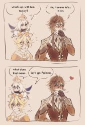Rule 34 | 1girl, 2boys, aether (genshin impact), aroused, blush, english text, genshin impact, hand to own mouth, heart, krikofede, multiple boys, paimon (genshin impact), speech bubble, twitter, zhongli (genshin impact)