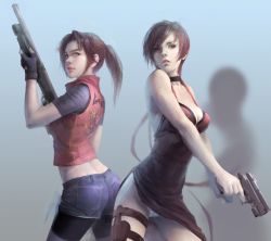 Rule 34 | 2girls, ada wong, artist request, ass, bike shorts, capcom, claire redfield, denim, denim shorts, female focus, gun, multiple girls, panties, resident evil, resident evil 2, resident evil 4, shorts, side slit, thigh strap, underwear, weapon
