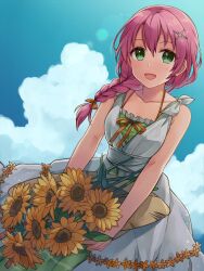 1girl blue_sky braid breasts brown_hat chihiro_(chihiro3399) cloud double-parted_bangs dress eiyuu_densetsu flower green_eyes hair_between_eyes hair_ornament hair_ribbon hairclip hat highres holding holding_unworn_clothes holding_flower holding_hat holding_unworn_clothes juna_crawford light_blush long_hair looking_at_viewer low-braided_long_hair low-tied_long_hair open_mouth orange_flower orange_ribbon outdoors pink_hair ribbon sen_no_kiseki sen_no_kiseki_(series) sen_no_kiseki_i sen_no_kiseki_iii sky sleeveless sleeveless_dress small_breasts smile solo straw_hat sundress sunflower unworn_hat unworn_headwear white_dress yellow_flower