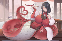 1girl bare_shoulders black_hair black_nails black_sclera black_shirt breasts closed_mouth colored_sclera covered_navel dress elbow_gloves eyes_visible_through_hair fingerless_gloves full_body gloves hand_up highres holding holding_smoking_pipe jacket jewelry lamia large_breasts looking_at_viewer lying medium_hair monster_girl open_clothes open_jacket orange_eyes original red_dress red_gloves shirt smile smoking_pipe solo tail tail_ornament xiumu_bianzhou