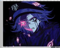 1boy aotsuki_eito art_program_in_frame black_background black_blood blood bloody_tears clenched_teeth doppelganger eyeshadow glasses glowing glowing_eye glowing_mouth headgear heterochromia highres looking_at_viewer makeup male_focus mint1618680 pink_eyes portrait purple_eyes red_eyeshadow short_hair simple_background solo spoilers teeth the_hundred_line_-last_defense_academy- zen&#039;ta