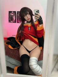 Rule 34 | 1girl, black panties, clothes lift, cosplay, dress, dress lift, female focus, highres, kono subarashii sekai ni shukufuku wo!, long hair, megumin, megumin (cosplay), panties, photo (medium), real life, selfie, solo, underwear