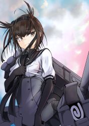 1girl absurdres anchor_symbol black_bodysuit black_headband black_neckerchief black_sailor_collar black_skirt bodysuit breasts chou-10cm-hou-chan_(hatsuzuki&#039;s) corset hachimaki hair_flaps hatsuzuki_(kancolle) headband highres kantai_collection medium_breasts neckerchief pleated_skirt rigging sailor_collar school_uniform serafuku short_sleeves skirt solo tastas