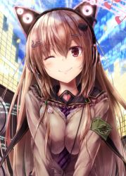 1girl ;) animal_ear_headphones animal_ears armband axent_wear beamed_quavers between_breasts blush breast_press breasts brown_eyes brown_hair brown_shirt cat_ear_headphones fake_animal_ears female_focus fortissimo hair_between_eyes hair_ornament hairclip head_tilt headphones heart large_breasts long_hair long_sleeves looking_at_viewer musical_note musical_note_hair_ornament necktie one_eye_closed original purple_necktie quaver shirt smile solo suien treble_clef upper_body very_long_hair