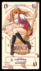 00s 1girl broom broom_riding card card_(medium) character_name female_focus mahou_sensei_negima! nino_(ninouchi_irazu) pactio plaid_clothes plaid_skirt sakura_mei sidesaddle skirt solo