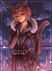 Rule 34 | 1boy, absurdres, animal ears, black coat, black gloves, blue background, brown hair, cat boy, cat ears, cat tail, coat, commentary request, commission, cowboy shot, dark-skinned male, dark skin, facial mark, final fantasy, final fantasy xiv, fur-trimmed coat, fur trim, gloves, highres, index finger raised, kuro11 222, light particles, male focus, miqo&#039;te, multicolored hair, partial commentary, pink background, pink eyes, purple background, railing, red hair, skeb commission, slit pupils, smile, solo, tail, tan, warrior of light (ff14), whisker markings