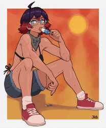 Rule 34 | 1girl, ahoge, artist name, bandana, bandana around neck, black bandana, black bra, black panties, border, bra, bright pupils, commentary, commission, dripping, english commentary, eyelashes, food, food in mouth, full body, glasses, green eyes, grey-framed eyewear, highres, holding, holding food, holding popsicle, melting popsicle, multicolored hair, nail polish, original, panties, popsicle, popsicle in mouth, purple hair, red hair, red nails, red shoes, shiny skin, shoes, short hair, shorts, sitting, socks, solo, sun, tan, the jieb, two-tone hair, underwear, white border, white pupils, white socks