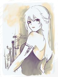 1girl bare_shoulders breasts celes_chere detached_sleeves final_fantasy final_fantasy_vi hair_between_eyes hair_ornament head_chain highres jewelry komugiko_no_mori lace-up_sleeves long_hair looking_at_viewer looking_back medium_breasts muted_color parted_lips shirt sketch solo strapless strapless_shirt upper_body
