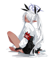 1girl artist_name barefoot black_gloves black_skirt blue_archive clenched_teeth clip_studio_paint_(medium) commentary dark-skinned_female dark_skin drooling english_commentary feet from_side full_body gloves hair_over_one_eye halo indian_style iori_(blue_archive) long_hair long_sleeves looking_at_viewer making-of_available parted_lips patreon_logo patreon_username pointy_ears purple_halo red_eyes saliva shirt simple_background sitting skirt soles solo sydus teeth thighs toes twintails very_long_hair white_background white_hair white_shirt