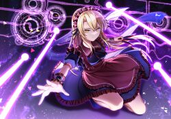 1girl apron black_ribbon black_shoes blonde_hair blue_background breasts closed_mouth collared_dress danmaku dark_persona dodecagram dress frilled_apron frilled_dress frills holding kneeling knife laser long_hair magic_circle maid maid_apron maid_headdress neck_ribbon outstretched_hand puffy_short_sleeves puffy_sleeves revision ribbon sea_scorpion_(umisasori) shoes short_sleeves small_breasts solo touhou touhou_(pc-98) waist_apron wristband yellow_eyes yumeko_(touhou)