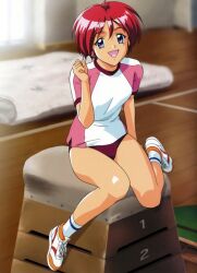1girl blue_eyes buruma day female_focus full_body gym gym_uniform hair_between_eyes hinomoto_hikari indoors legs looking_at_viewer mole mole_under_eye official_art red_hair shirt shoes short_hair short_sleeves sitting socks solo tokimeki_memorial tokimeki_memorial_2 vaulting_horse