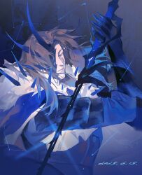 Rule 34 | 1boy, :|, armor, blue armor, blue theme, closed eyes, closed mouth, e.g.o (project moon), facial hair, fingernails, frills, fur collar, goatee stubble, gregor (project moon), head spikes, highres, holding, holding sword, holding weapon, jing84672940, knight of despair, limbus company, lobotomy corporation, male focus, one eye covered, project moon, sharp fingernails, shoulder spikes, solo, sparkle, spikes, stubble, sword, teardrop facial mark, upper body, weapon