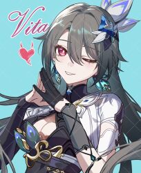 1girl belt bird black_dress black_gloves blinking blue_background breasts brown_hair character_name detached_sleeves dress earrings feather_hair_ornament feathers gloves hair_ornament heart highres honkai_(series) honkai_impact_3rd jewelry long_hair looking_at_viewer manbu72747 open_clothes own_hands_together peacock peacock_feathers red_eyes smile upper_body vita_(honkai_impact) vita_(lone_planetfarer)_(honkai_impact) white_dress yellow_pupils