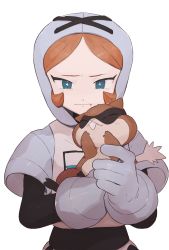 1girl :t closed_mouth creatures_(company) game_freak gen_5_pokemon gloves green_eyes grey_gloves highres holding holding_pokemon hood hood_up mimura_(nnnnnnnnmoo) nintendo orange_hair parted_bangs patrat pokemon pokemon_(creature) pokemon_bw short_sleeves simple_background team_plasma team_plasma_grunt team_plasma_uniform upper_body white_background