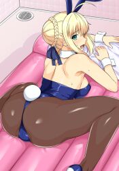 Rule 34 | 1girl, :d, ahoge, air mattress, animal ears, artoria pendragon (fate), ass, ass focus, bathroom, blonde hair, blue footwear, blue leotard, blue ribbon, breasts, commentary request, detached collar, fake animal ears, fake tail, fate/stay night, fate (series), green eyes, hair ribbon, haruhisky, high heels, highres, huge ass, large breasts, leotard, open mouth, pillow, playboy bunny, rabbit ears, rabbit tail, ribbon, saber (fate), sideboob, smile, soapland, solo, sweat, tail, tile wall, tiles, tongue, white wrist cuffs, wrist cuffs