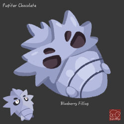 arrow_(symbol) artist_logo artist_name character-themed_food character_name chocolate food food_focus food_name gen_2_pokemon grey_background highres logo nintendo no_humans pokemon pokemon_(creature) pupitar simple_background yuki00yo